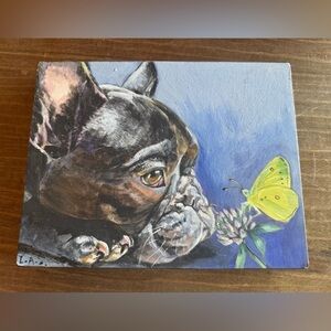 Vintage French Bulldog Frenchie Painting by LA Sheperd OOAK Signed Wood Frame